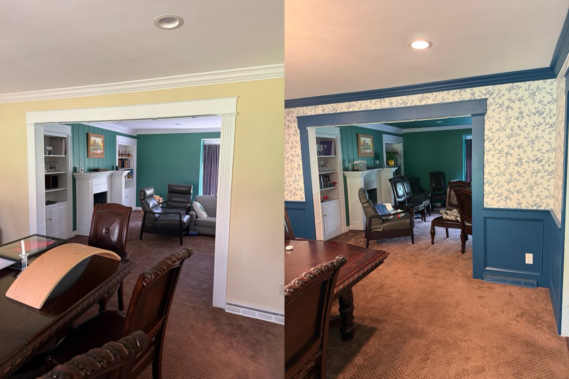 Living and dining room before and after